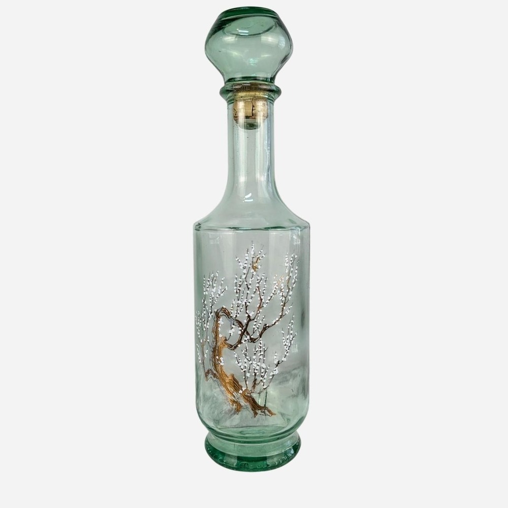 1960s MCM Art Glass Decanter Painted Blossom Branch
